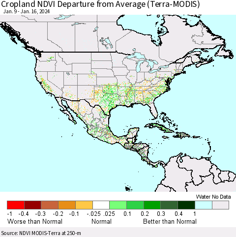 North America Cropland NDVI Departure from Average (Terra-MODIS) Thematic Map For 1/9/2024 - 1/16/2024
