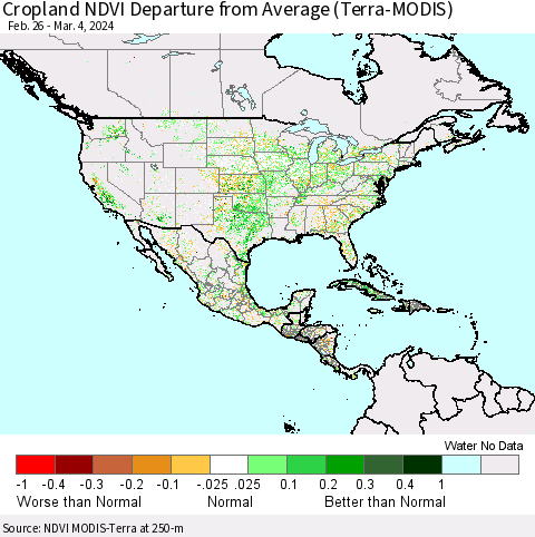 North America Cropland NDVI Departure from Average (Terra-MODIS) Thematic Map For 2/26/2024 - 3/4/2024
