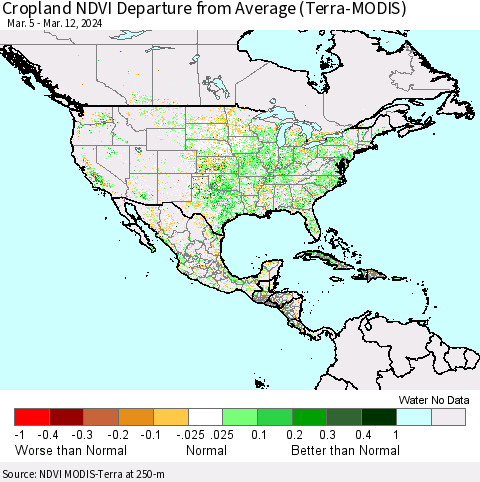 North America Cropland NDVI Departure from Average (Terra-MODIS) Thematic Map For 3/5/2024 - 3/12/2024