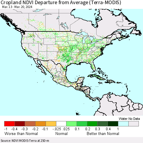 North America Cropland NDVI Departure from Average (Terra-MODIS) Thematic Map For 3/13/2024 - 3/20/2024