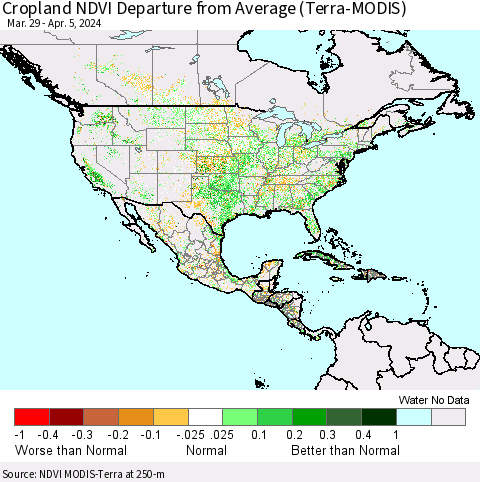 North America Cropland NDVI Departure from Average (Terra-MODIS) Thematic Map For 3/29/2024 - 4/5/2024