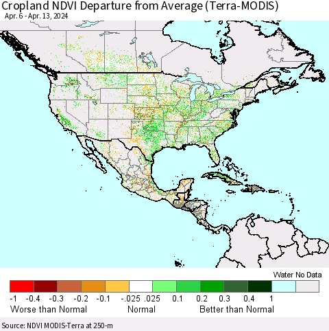 North America Cropland NDVI Departure from Average (Terra-MODIS) Thematic Map For 4/6/2024 - 4/13/2024