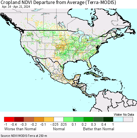 North America Cropland NDVI Departure from Average (Terra-MODIS) Thematic Map For 4/14/2024 - 4/21/2024