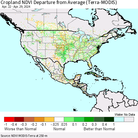 North America Cropland NDVI Departure from Average (Terra-MODIS) Thematic Map For 4/22/2024 - 4/29/2024