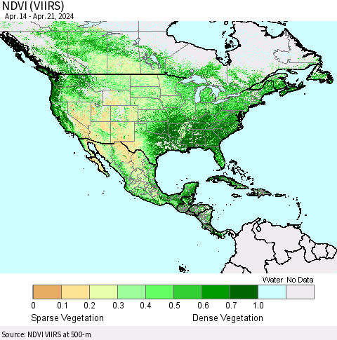 North America NDVI (VIIRS) Thematic Map For 4/14/2024 - 4/21/2024