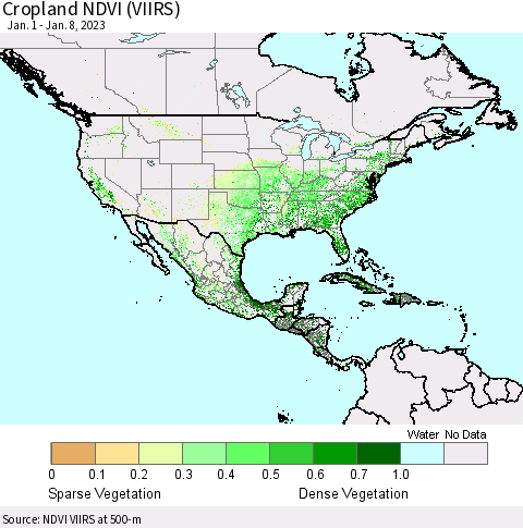 North America Cropland NDVI (VIIRS) Thematic Map For 1/1/2023 - 1/8/2023