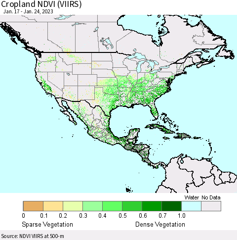 North America Cropland NDVI (VIIRS) Thematic Map For 1/17/2023 - 1/24/2023