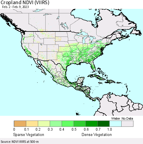 North America Cropland NDVI (VIIRS) Thematic Map For 2/2/2023 - 2/9/2023