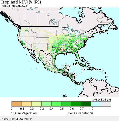 North America Cropland NDVI (VIIRS) Thematic Map For 3/14/2023 - 3/21/2023