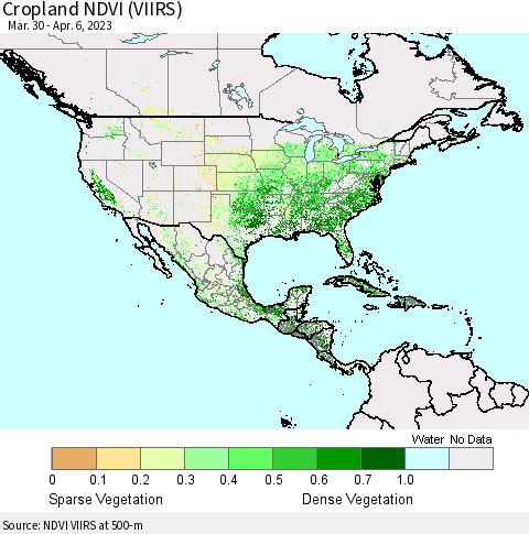 North America Cropland NDVI (VIIRS) Thematic Map For 3/30/2023 - 4/6/2023