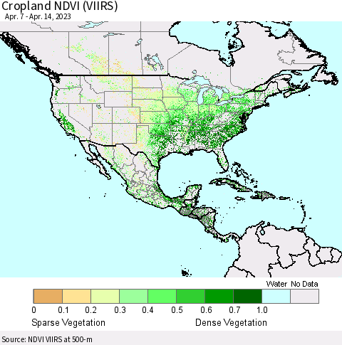 North America Cropland NDVI (VIIRS) Thematic Map For 4/7/2023 - 4/14/2023