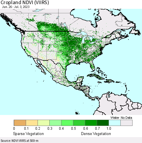 North America Cropland NDVI (VIIRS) Thematic Map For 6/26/2023 - 7/3/2023