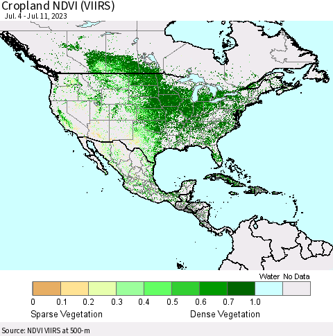 North America Cropland NDVI (VIIRS) Thematic Map For 7/4/2023 - 7/11/2023