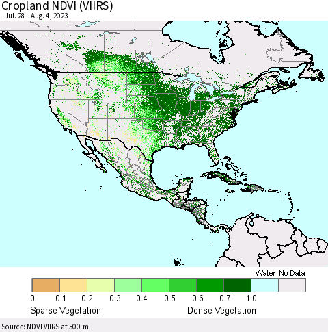 North America Cropland NDVI (VIIRS) Thematic Map For 7/28/2023 - 8/4/2023
