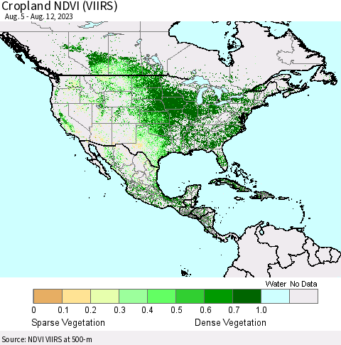 North America Cropland NDVI (VIIRS) Thematic Map For 8/5/2023 - 8/12/2023
