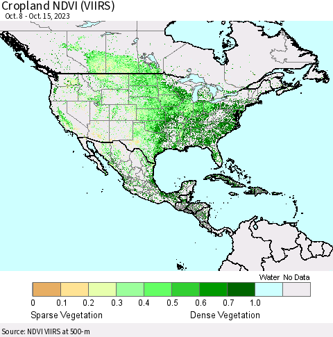 North America Cropland NDVI (VIIRS) Thematic Map For 10/8/2023 - 10/15/2023
