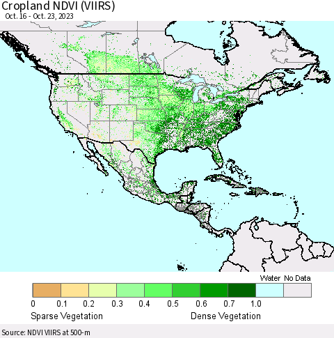 North America Cropland NDVI (VIIRS) Thematic Map For 10/16/2023 - 10/23/2023
