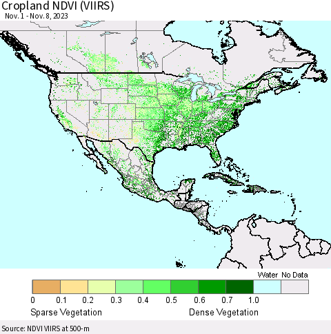 North America Cropland NDVI (VIIRS) Thematic Map For 11/1/2023 - 11/8/2023