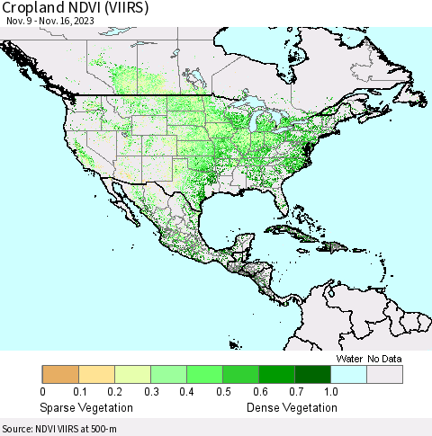 North America Cropland NDVI (VIIRS) Thematic Map For 11/9/2023 - 11/16/2023