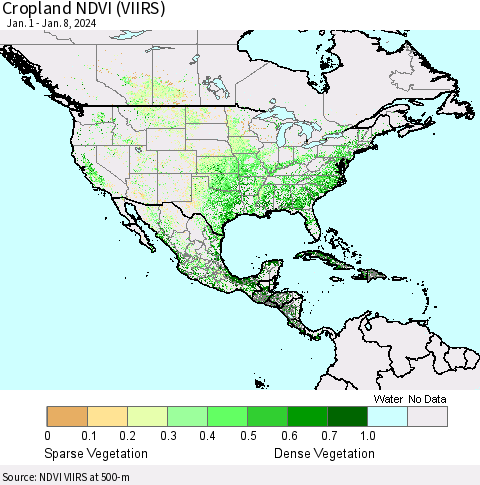 North America Cropland NDVI (VIIRS) Thematic Map For 1/1/2024 - 1/8/2024