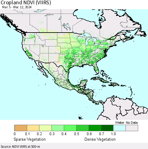 North America Cropland NDVI (VIIRS) Thematic Map For 3/5/2024 - 3/12/2024