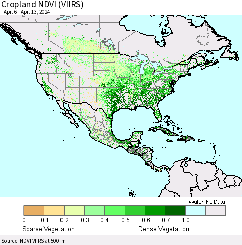 North America Cropland NDVI (VIIRS) Thematic Map For 4/6/2024 - 4/13/2024