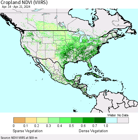 North America Cropland NDVI (VIIRS) Thematic Map For 4/14/2024 - 4/21/2024