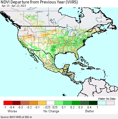North America NDVI Departure from Previous Year (VIIRS) Thematic Map For 4/15/2023 - 4/22/2023