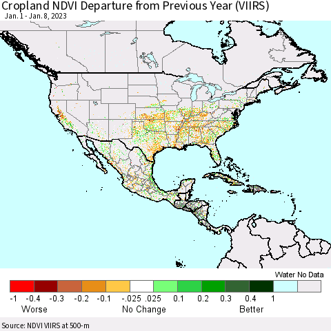 North America Cropland NDVI Departure from Previous Year (VIIRS) Thematic Map For 1/1/2023 - 1/8/2023