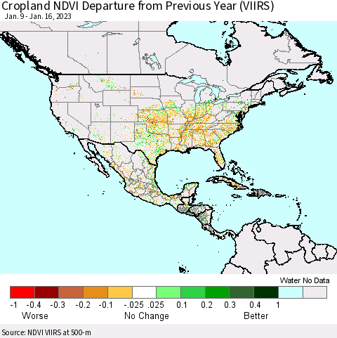 North America Cropland NDVI Departure from Previous Year (VIIRS) Thematic Map For 1/9/2023 - 1/16/2023
