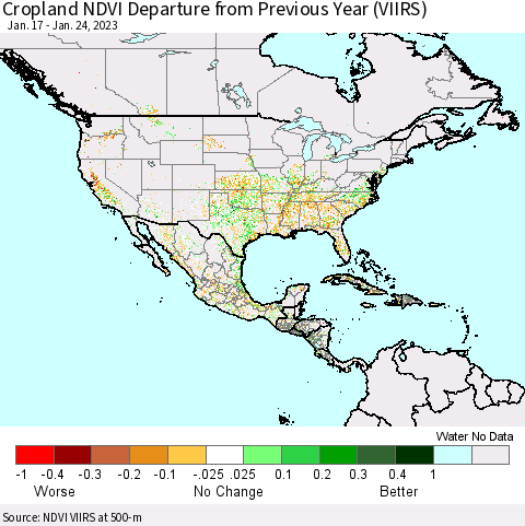 North America Cropland NDVI Departure from Previous Year (VIIRS) Thematic Map For 1/17/2023 - 1/24/2023