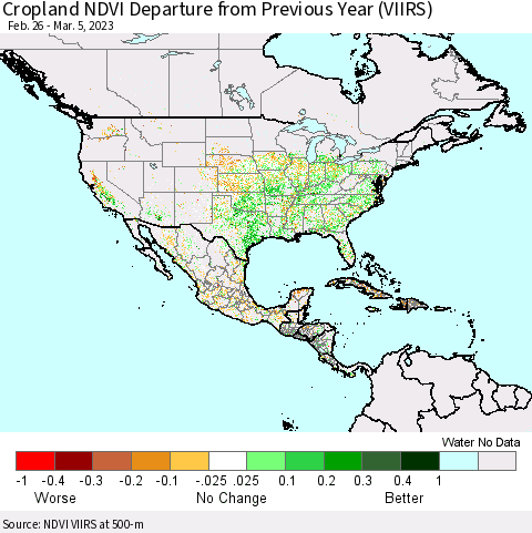 North America Cropland NDVI Departure from Previous Year (VIIRS) Thematic Map For 2/26/2023 - 3/5/2023