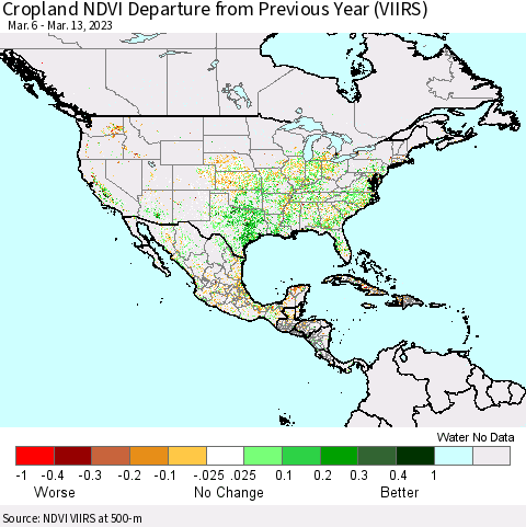 North America Cropland NDVI Departure from Previous Year (VIIRS) Thematic Map For 3/6/2023 - 3/13/2023