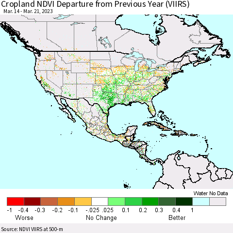 North America Cropland NDVI Departure from Previous Year (VIIRS) Thematic Map For 3/14/2023 - 3/21/2023