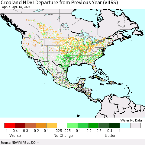 North America Cropland NDVI Departure from Previous Year (VIIRS) Thematic Map For 4/7/2023 - 4/14/2023