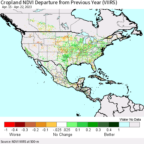 North America Cropland NDVI Departure from Previous Year (VIIRS) Thematic Map For 4/15/2023 - 4/22/2023