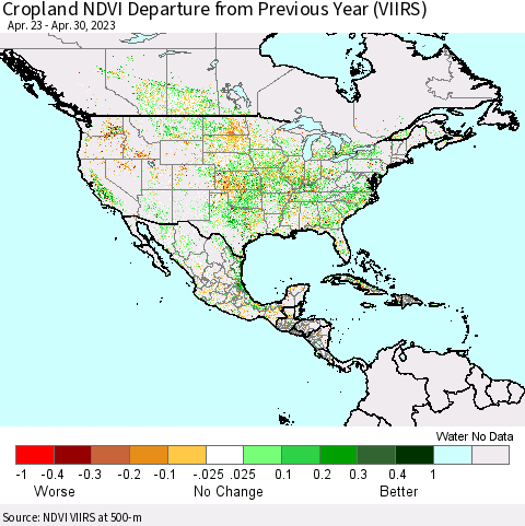 North America Cropland NDVI Departure from Previous Year (VIIRS) Thematic Map For 4/23/2023 - 4/30/2023