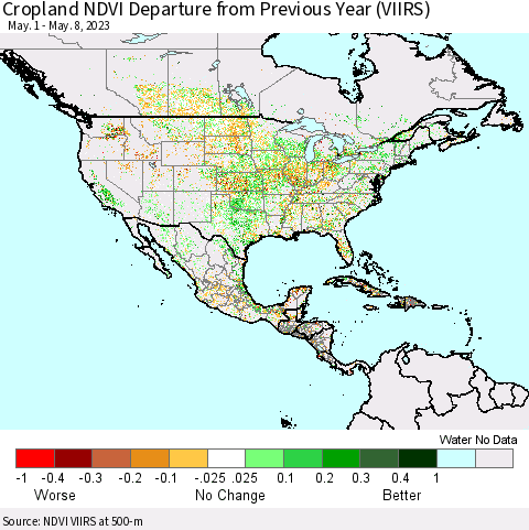 North America Cropland NDVI Departure from Previous Year (VIIRS) Thematic Map For 5/1/2023 - 5/8/2023