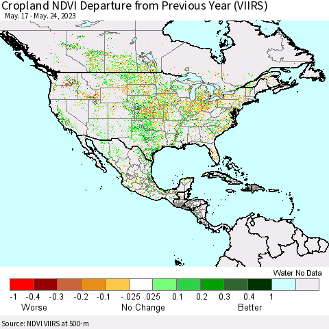 North America Cropland NDVI Departure from Previous Year (VIIRS) Thematic Map For 5/17/2023 - 5/24/2023