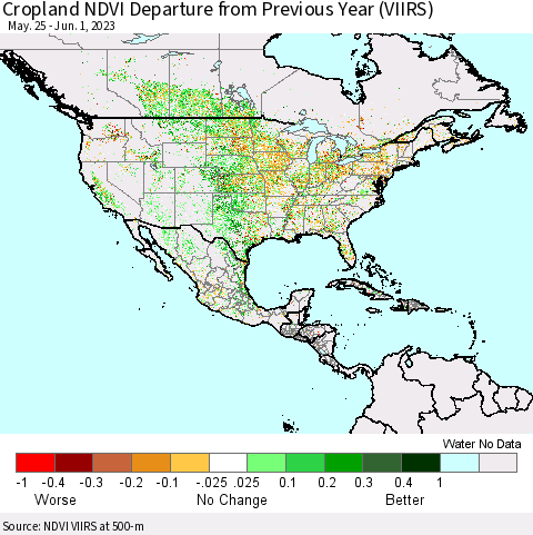 North America Cropland NDVI Departure from Previous Year (VIIRS) Thematic Map For 5/25/2023 - 6/1/2023