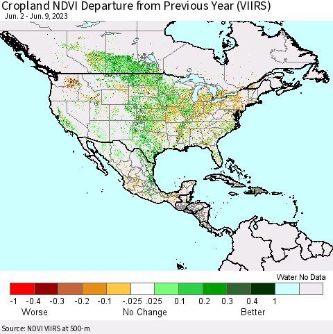 North America Cropland NDVI Departure from Previous Year (VIIRS) Thematic Map For 6/2/2023 - 6/9/2023