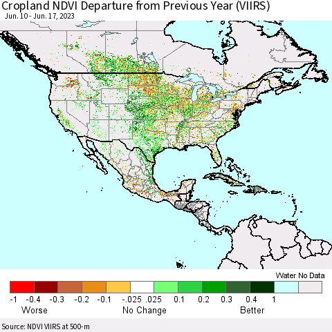 North America Cropland NDVI Departure from Previous Year (VIIRS) Thematic Map For 6/10/2023 - 6/17/2023