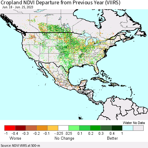 North America Cropland NDVI Departure from Previous Year (VIIRS) Thematic Map For 6/18/2023 - 6/25/2023