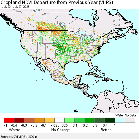 North America Cropland NDVI Departure from Previous Year (VIIRS) Thematic Map For 7/20/2023 - 7/27/2023