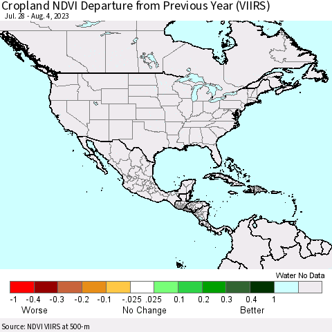 North America Cropland NDVI Departure from Previous Year (VIIRS) Thematic Map For 7/28/2023 - 8/4/2023