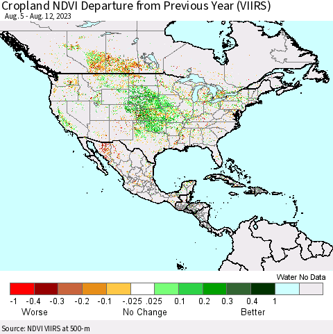 North America Cropland NDVI Departure from Previous Year (VIIRS) Thematic Map For 8/5/2023 - 8/12/2023