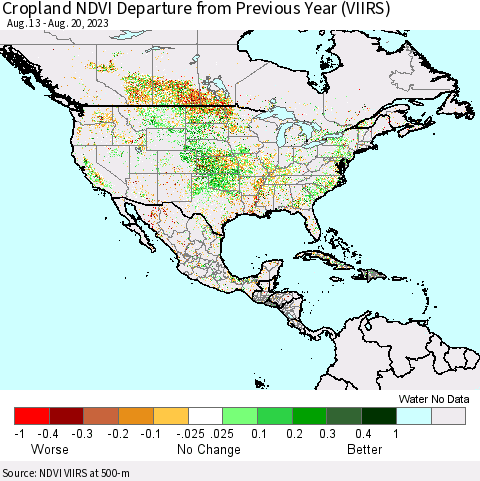 North America Cropland NDVI Departure from Previous Year (VIIRS) Thematic Map For 8/13/2023 - 8/20/2023