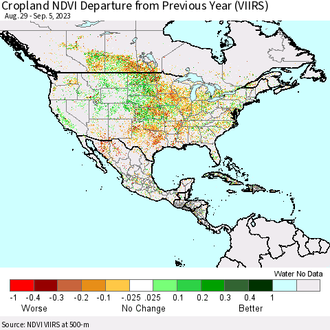 North America Cropland NDVI Departure from Previous Year (VIIRS) Thematic Map For 8/29/2023 - 9/5/2023