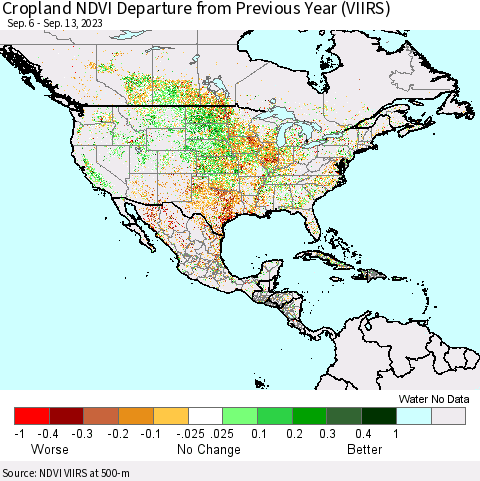 North America Cropland NDVI Departure from Previous Year (VIIRS) Thematic Map For 9/6/2023 - 9/13/2023