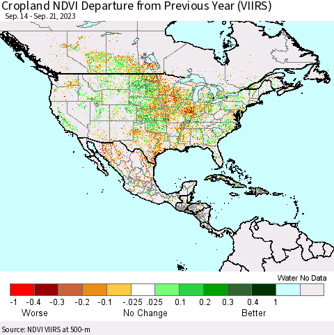 North America Cropland NDVI Departure from Previous Year (VIIRS) Thematic Map For 9/14/2023 - 9/21/2023